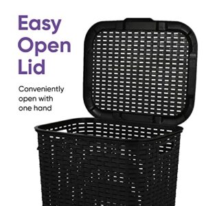 Plastic Laundry Hamper with Lid Laundry Hamper Basket, Black Tall Cloths Hamper Organizer with Cut-out Handles. Space Saving for Laundry Room Bedroom Bathroom, Wicker Design 60 Liter