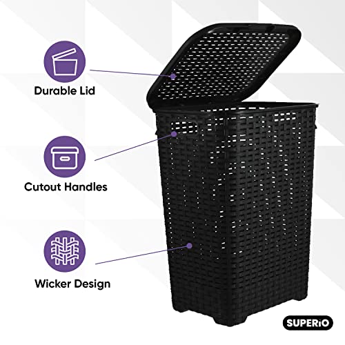 Plastic Laundry Hamper with Lid Laundry Hamper Basket, Black Tall Cloths Hamper Organizer with Cut-out Handles. Space Saving for Laundry Room Bedroom Bathroom, Wicker Design 60 Liter