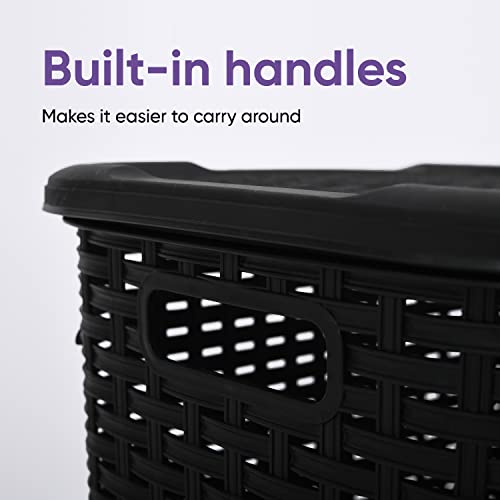 Plastic Laundry Hamper with Lid Laundry Hamper Basket, Black Tall Cloths Hamper Organizer with Cut-out Handles. Space Saving for Laundry Room Bedroom Bathroom, Wicker Design 60 Liter