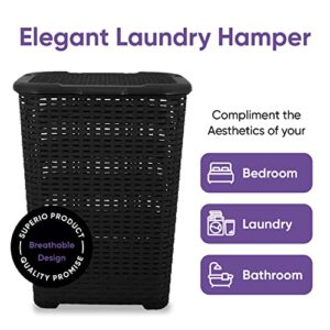 Plastic Laundry Hamper with Lid Laundry Hamper Basket, Black Tall Cloths Hamper Organizer with Cut-out Handles. Space Saving for Laundry Room Bedroom Bathroom, Wicker Design 60 Liter