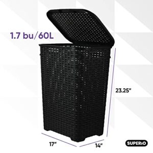 Plastic Laundry Hamper with Lid Laundry Hamper Basket, Black Tall Cloths Hamper Organizer with Cut-out Handles. Space Saving for Laundry Room Bedroom Bathroom, Wicker Design 60 Liter