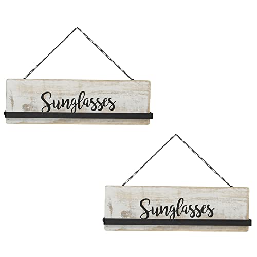 MyGift Wall Mounted Whitewashed Wood Sunglasses Organizer, Hanging Eyewear Eyeglasses Sunglass Holder Rack with Cursive Sunglasses Lettering for Home Collection and Retail Display, Set of 2