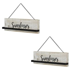 MyGift Wall Mounted Whitewashed Wood Sunglasses Organizer, Hanging Eyewear Eyeglasses Sunglass Holder Rack with Cursive Sunglasses Lettering for Home Collection and Retail Display, Set of 2