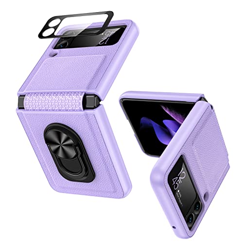 VEGO for Galaxy Z Flip 3 Ring Stand Case, Z Flip 3 All-Inclusive Cover Case with Hinge Protection and Glass Camera Lens Screen Protector for Samsung Galaxy Z Flip 3 5G (2021) - Purple