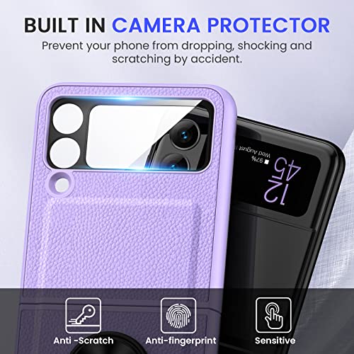 VEGO for Galaxy Z Flip 3 Ring Stand Case, Z Flip 3 All-Inclusive Cover Case with Hinge Protection and Glass Camera Lens Screen Protector for Samsung Galaxy Z Flip 3 5G (2021) - Purple