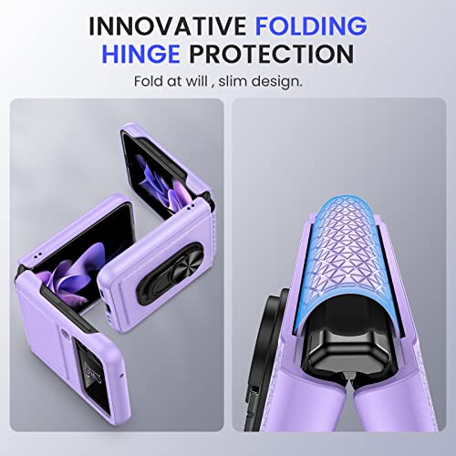 VEGO for Galaxy Z Flip 3 Ring Stand Case, Z Flip 3 All-Inclusive Cover Case with Hinge Protection and Glass Camera Lens Screen Protector for Samsung Galaxy Z Flip 3 5G (2021) - Purple