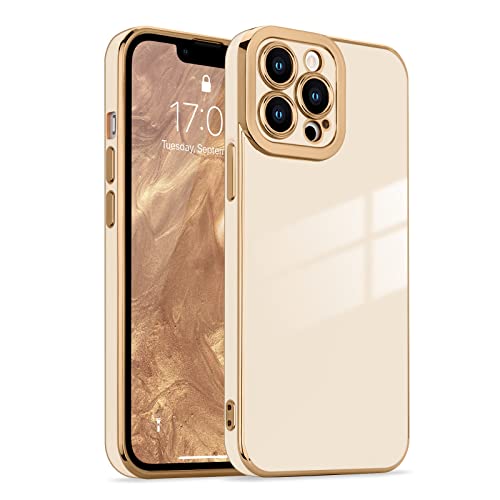 Lafunda Designed for iPhone 13 Pro Case, Luxury Cute Plating Cases for Women Girls Elegant Golden Edge Shockproof TPU Bumper Cover with Silicone Camera Protective Phone Case for iPhone 13 Pro White