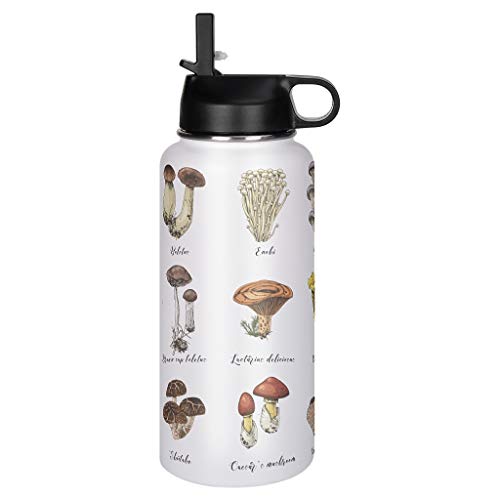 Greenieey Mushroom Insulated Water Bottle with Straw for Sports＆Travel,Stainless Steel Thermos Flask Gift for Adults＆Kids Mushroom1 1000ml (32oz)