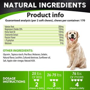 Hemp Calming Chews for Dogs with Anxiety and Stress - 170 Dog Calming Treats - Storms, Barking, Separation - Valerian Root - Melatonin - Hemp Oil - Dog Anxiety Relief - Made in USA | Soft Chews