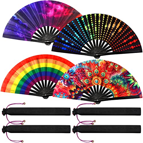 4 Pieces Rave Hand Fan Large Folding Fans Craft Hand Fans for Women Holographic Rainbow Hand Fan Performance Hand Fan with Bamboo Ribs Nylon Cloth Folding Dance Fan with Chinese Style Fan Bags Present