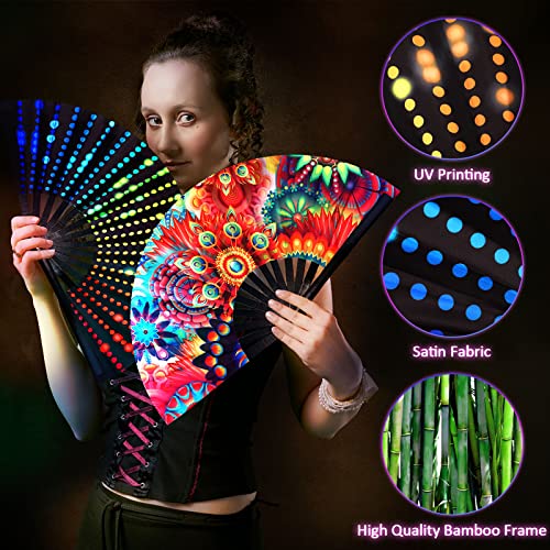 4 Pieces Rave Hand Fan Large Folding Fans Craft Hand Fans for Women Holographic Rainbow Hand Fan Performance Hand Fan with Bamboo Ribs Nylon Cloth Folding Dance Fan with Chinese Style Fan Bags Present