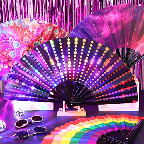 4 Pieces Rave Hand Fan Large Folding Fans Craft Hand Fans for Women Holographic Rainbow Hand Fan Performance Hand Fan with Bamboo Ribs Nylon Cloth Folding Dance Fan with Chinese Style Fan Bags Present