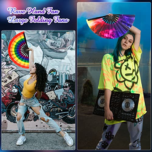 4 Pieces Rave Hand Fan Large Folding Fans Craft Hand Fans for Women Holographic Rainbow Hand Fan Performance Hand Fan with Bamboo Ribs Nylon Cloth Folding Dance Fan with Chinese Style Fan Bags Present