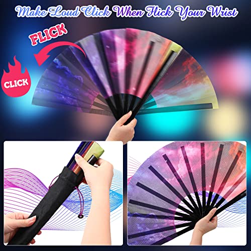 4 Pieces Rave Hand Fan Large Folding Fans Craft Hand Fans for Women Holographic Rainbow Hand Fan Performance Hand Fan with Bamboo Ribs Nylon Cloth Folding Dance Fan with Chinese Style Fan Bags Present