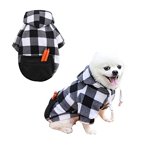 Plaid Dog Hoodie,Dogs Winter Coat Sweatshirt Sweater Outfit with Hat and Pocket Pet Jacket Warm Soft Clothes for Small Medium Puppy Wearing (S, Black & White)