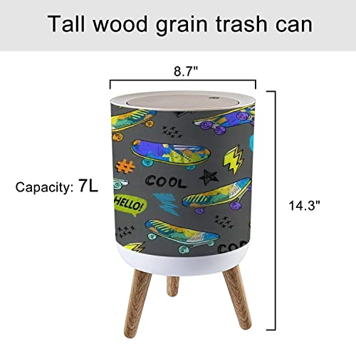 Small Trash Can with Lid Abstract Seamless Grunge for Boys Urban Style Modern with Skateboards Round Recycle Bin Press Top Dog Proof Wastebasket for Kitchen Bathroom Bedroom Office 7L/1.8 Gallon