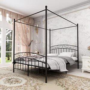 ziruwu queen size sturdy metal canopy bed frame with headboard footboard steel slats support easy assembly no box spring needed,black