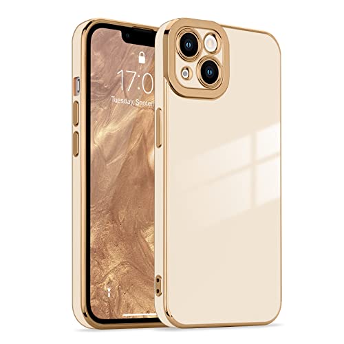 Lafunda Compatible for iPhone 13 Case Cute, Luxury Golden Edge Electroplate Case for Women Girls, Full Camera Protection Shockproof Anti-Scratch Soft TPU Bumper Phone Case Cover for iPhone 13, White