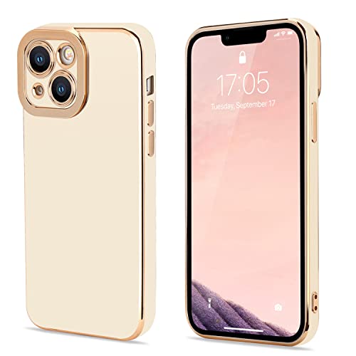 Lafunda Compatible for iPhone 13 Case Cute, Luxury Golden Edge Electroplate Case for Women Girls, Full Camera Protection Shockproof Anti-Scratch Soft TPU Bumper Phone Case Cover for iPhone 13, White