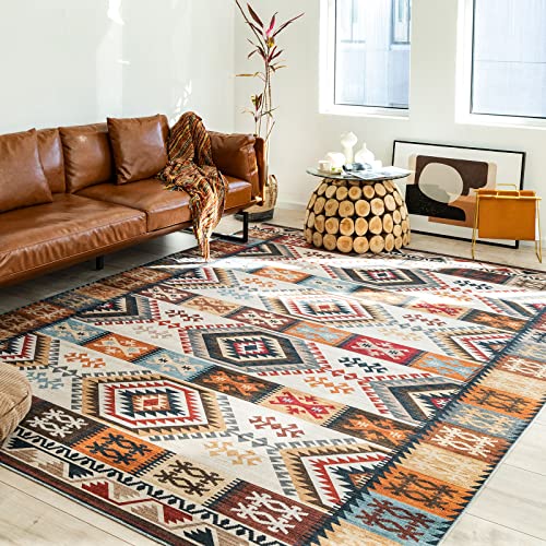 Fashriend Rita Moroccan Area Rug, 5'×7' Non Slip Vintage Rug, Thin Machine Washable Rug, No Shedding Tribal Rug Pad with Low Pile, Geometric Rug for Living Room, Bedroom, Kitchen, Brown