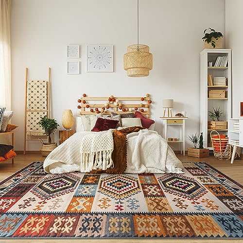 Fashriend Rita Moroccan Area Rug, 5'×7' Non Slip Vintage Rug, Thin Machine Washable Rug, No Shedding Tribal Rug Pad with Low Pile, Geometric Rug for Living Room, Bedroom, Kitchen, Brown