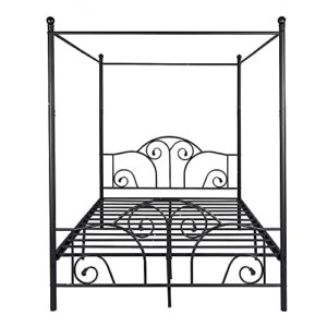 ZIRUWU Metal Four Post Canopy Bed Frame Queen Size with Headboard and Footboard,No Box Spring Needed,Black