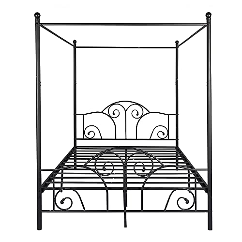 ZIRUWU Metal Four Post Canopy Bed Frame Queen Size with Headboard and Footboard,No Box Spring Needed,Black