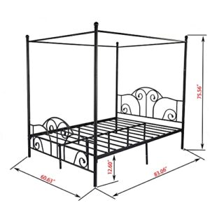 ZIRUWU Metal Four Post Canopy Bed Frame Queen Size with Headboard and Footboard,No Box Spring Needed,Black