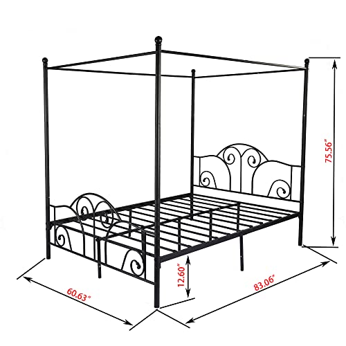 ZIRUWU Metal Four Post Canopy Bed Frame Queen Size with Headboard and Footboard,No Box Spring Needed,Black