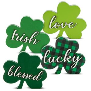 whaline 4pcs st. patrick's day table wood sign shamrock 3d lucky irish wooden sign buffalo plaid clover freestanding tabletop centerpiece for tiered tray desk office home party decor