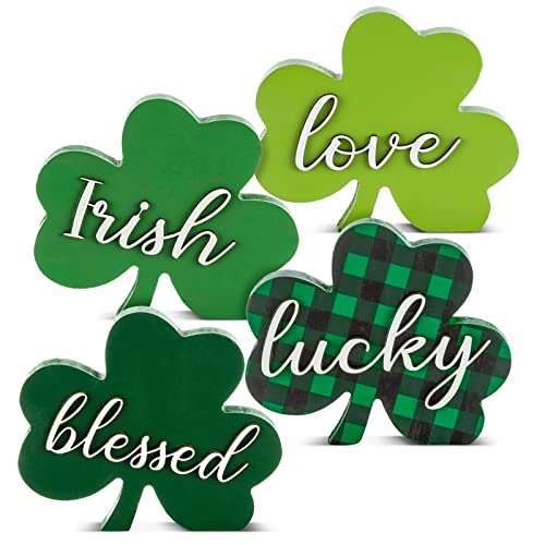 Whaline 4Pcs St. Patrick's Day Table Wood Sign Shamrock 3D Lucky Irish Wooden Sign Buffalo Plaid Clover Freestanding Tabletop Centerpiece for Tiered Tray Desk Office Home Party Decor