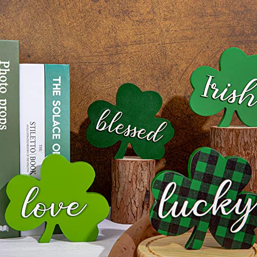 Whaline 4Pcs St. Patrick's Day Table Wood Sign Shamrock 3D Lucky Irish Wooden Sign Buffalo Plaid Clover Freestanding Tabletop Centerpiece for Tiered Tray Desk Office Home Party Decor