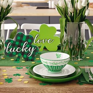 Whaline 4Pcs St. Patrick's Day Table Wood Sign Shamrock 3D Lucky Irish Wooden Sign Buffalo Plaid Clover Freestanding Tabletop Centerpiece for Tiered Tray Desk Office Home Party Decor