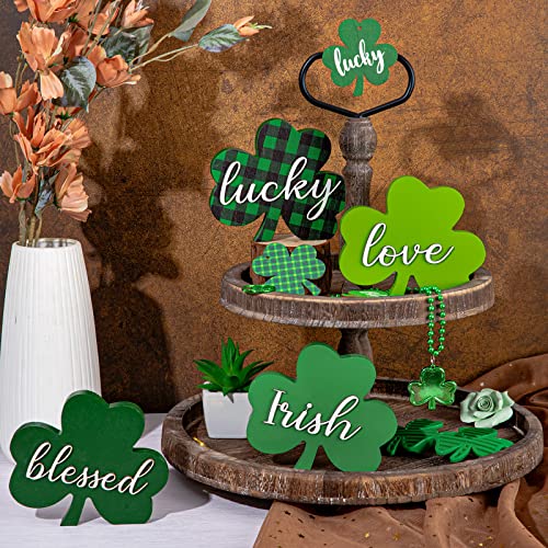 Whaline 4Pcs St. Patrick's Day Table Wood Sign Shamrock 3D Lucky Irish Wooden Sign Buffalo Plaid Clover Freestanding Tabletop Centerpiece for Tiered Tray Desk Office Home Party Decor