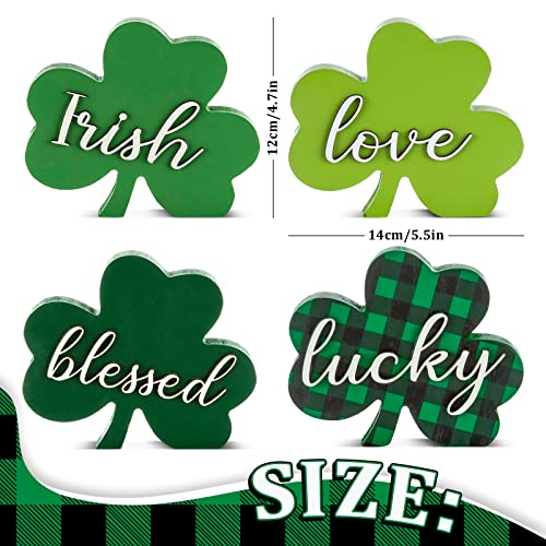 Whaline 4Pcs St. Patrick's Day Table Wood Sign Shamrock 3D Lucky Irish Wooden Sign Buffalo Plaid Clover Freestanding Tabletop Centerpiece for Tiered Tray Desk Office Home Party Decor