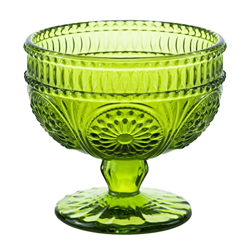 CHOOLD Vintage Flower Embossed Glass Footed Dessert Bowl Ice Cream Bowl Trifle Bowl Salad Bowl Candy Cake Bowl for Home Party Wedding 9oz-Green