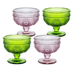 CHOOLD Vintage Flower Embossed Glass Footed Dessert Bowl Ice Cream Bowl Trifle Bowl Salad Bowl Candy Cake Bowl for Home Party Wedding 9oz-Green