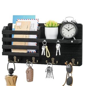 swtymiki mail holder for wall with magnet hanging, rustic wooden key holder with key hooks wall mounted key hanger organizer for entryway, mudroom, hallway, living room and office, black