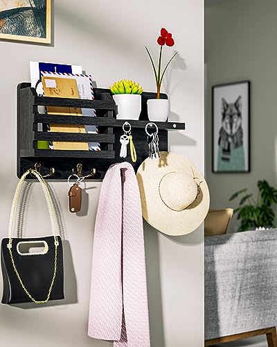 SWTYMIKI Mail Holder for Wall with Magnet Hanging, Rustic Wooden Key Holder with Key Hooks Wall Mounted Key Hanger Organizer for Entryway, Mudroom, Hallway, Living Room and Office, Black
