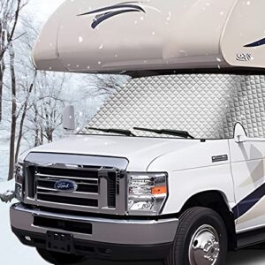 komsepor rv windshield cover for class c ford 1997-2022 rv front window 4 layers class c motorhome cover 27 foot temperature control sunshade/snow cover upgraded strong magnet/side mirror cutout