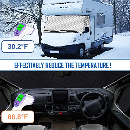 Komsepor RV Windshield Cover for Class C Ford 1997-2022 RV Front Window 4 Layers Class C Motorhome Cover 27 Foot Temperature Control Sunshade/Snow Cover Upgraded Strong Magnet/Side Mirror Cutout