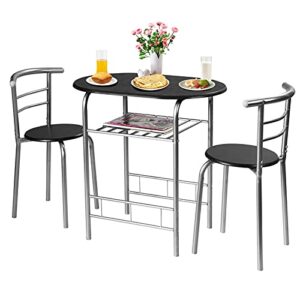 harmony-furniture 3-piece dining table set, kitchen table set with metal frame & shelf storage, compact dining table and chairs set for kitchen, restaurant, café, bistro (black & sliver)