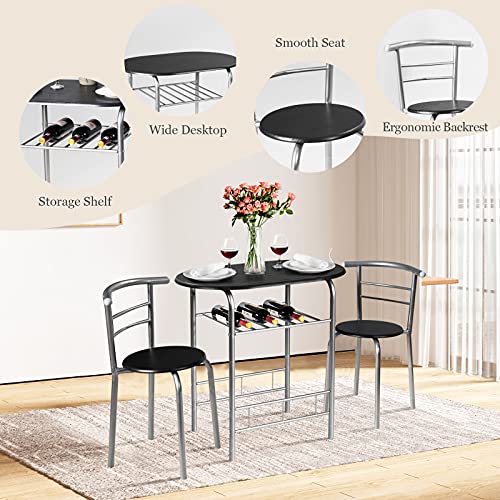 Harmony-Furniture 3-Piece Dining Table Set, Kitchen Table Set with Metal Frame & Shelf Storage, Compact Dining Table and Chairs Set for Kitchen, Restaurant, Café, Bistro (Black & Sliver)