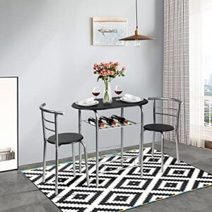 Harmony-Furniture 3-Piece Dining Table Set, Kitchen Table Set with Metal Frame & Shelf Storage, Compact Dining Table and Chairs Set for Kitchen, Restaurant, Café, Bistro (Black & Sliver)