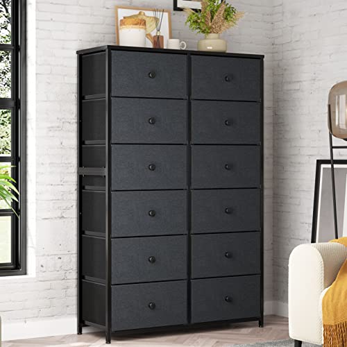 EnHomee 12 Drawer Dresser, Tall Dressers for Bedroom with Wooden Top and Metal Frame, Black Dresser & Chest of Drawers for Bedroom, Closet Living Room, Black Grey, 11.9" D x 34.8" W x 52.2" H