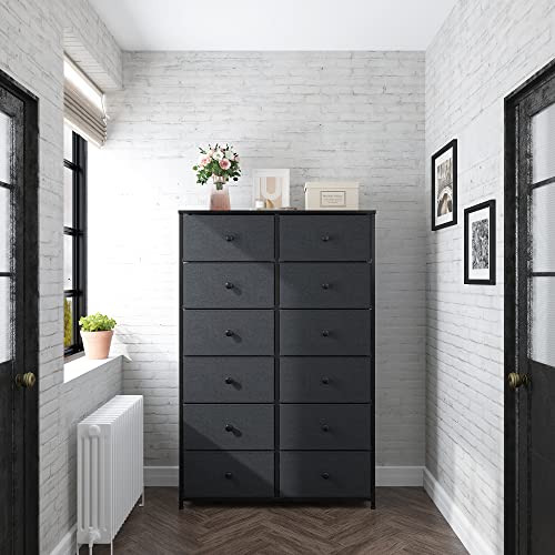 EnHomee 12 Drawer Dresser, Tall Dressers for Bedroom with Wooden Top and Metal Frame, Black Dresser & Chest of Drawers for Bedroom, Closet Living Room, Black Grey, 11.9" D x 34.8" W x 52.2" H