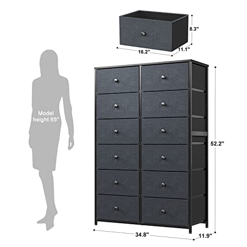 EnHomee 12 Drawer Dresser, Tall Dressers for Bedroom with Wooden Top and Metal Frame, Black Dresser & Chest of Drawers for Bedroom, Closet Living Room, Black Grey, 11.9" D x 34.8" W x 52.2" H