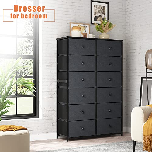 EnHomee 12 Drawer Dresser, Tall Dressers for Bedroom with Wooden Top and Metal Frame, Black Dresser & Chest of Drawers for Bedroom, Closet Living Room, Black Grey, 11.9" D x 34.8" W x 52.2" H