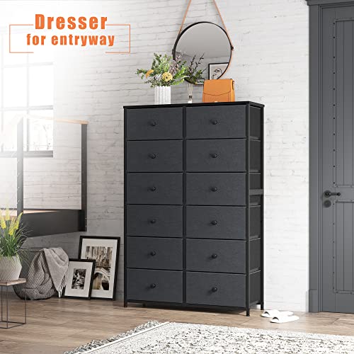 EnHomee 12 Drawer Dresser, Tall Dressers for Bedroom with Wooden Top and Metal Frame, Black Dresser & Chest of Drawers for Bedroom, Closet Living Room, Black Grey, 11.9" D x 34.8" W x 52.2" H