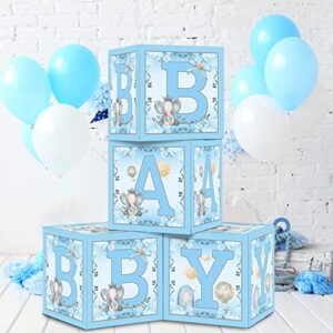 4 pcs blue elephant baby balloon boxes, blue theme baby boxes with elephant printed for blue boy baby shower birthday party decorations gender reveal backdrop